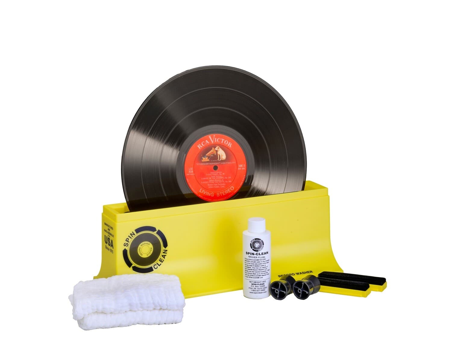 Spin-Clean Record Washer MKII complete kit with washer basin, fluid, brushes, cloths, and record.